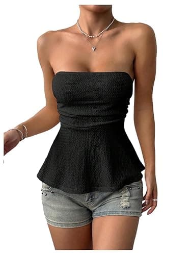 SHENHE Women's Y2k Peplum Tube Top Ruffle Hem Ruched Bandeau Tank Strapless Going Out Top thumbnail 2