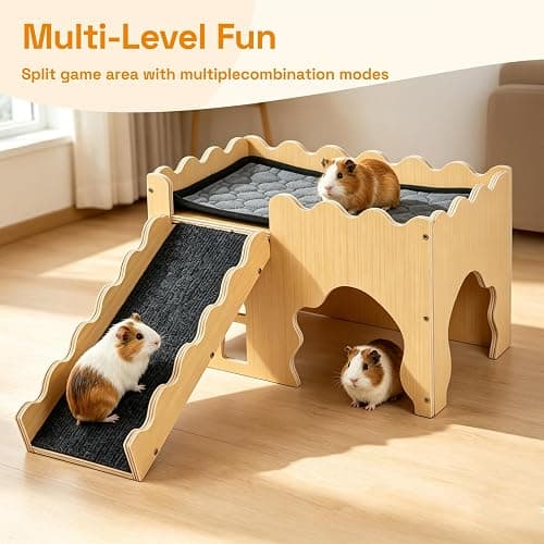 Wooden Guinea Pig Hideout Cave House, Guinea Pig Castle with Natural Cave-Style Entrance, Large Small Animal Habitat with Stairs, Waterproof Liner, Easy Assembly for Guinea Pigs, Rabbits & Hamsters thumbnail 7