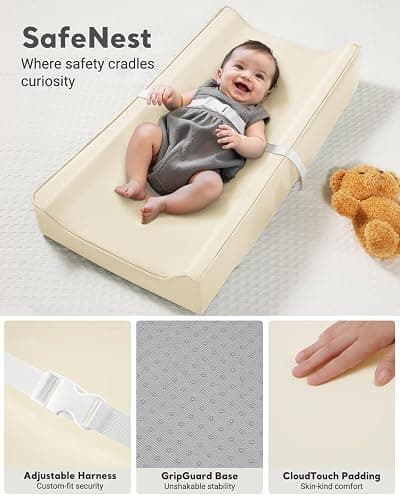 Vegan Leather Waterproof Baby Changing Pad - Wipeable, Extra Thick & Portable & Non-Slip Diaper Mat for Dresser, Crib, Travel | Soft & Safe (Beige) thumbnail 4