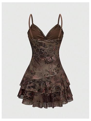 Verdusa Women's Y2k Outfits Gothic Dresses Vintage Boho Beaded Ruffle Lace Paisley Print Tiered Mini Summer Dress thumbnail 3