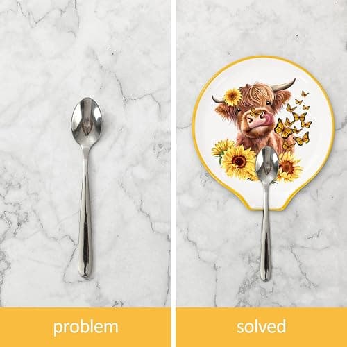 JarThenaAMCS 4.7inch Highland Cow Spoon Rest Watercolor Sunflower Butterfly Cow Small Coffee Spoon Holder for Fall Spring Summer Coffee Stirrers Teaspoon Bar Coffee Station Accessories Kitchen Decor thumbnail 4