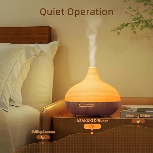 ASAKUKI 300ML Essential Oil Diffuser, Wood Grain BPA-Free Whisper Quiet Cool Mist Humidifier, Natural Home Fragrance Diffuser with 14 Colors LED Lights and Easy to Clean - Light Brown thumbnail 2