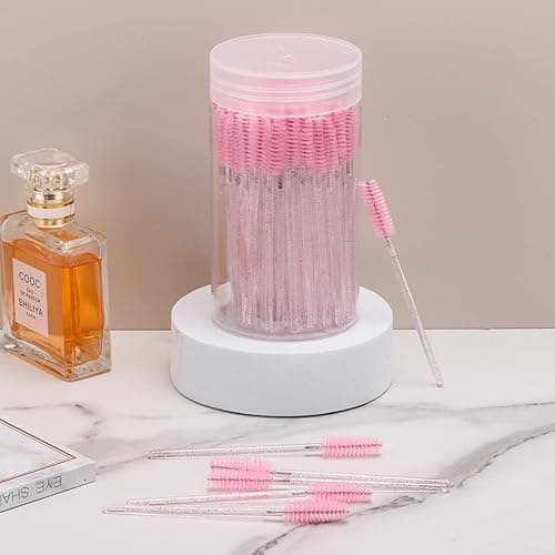 100 Pcs Disposable Mascara Wands, Crystal Eyebrow Spoolies Brush for Eyelash Extensions, Pink Lash Brushes with Container thumbnail 7