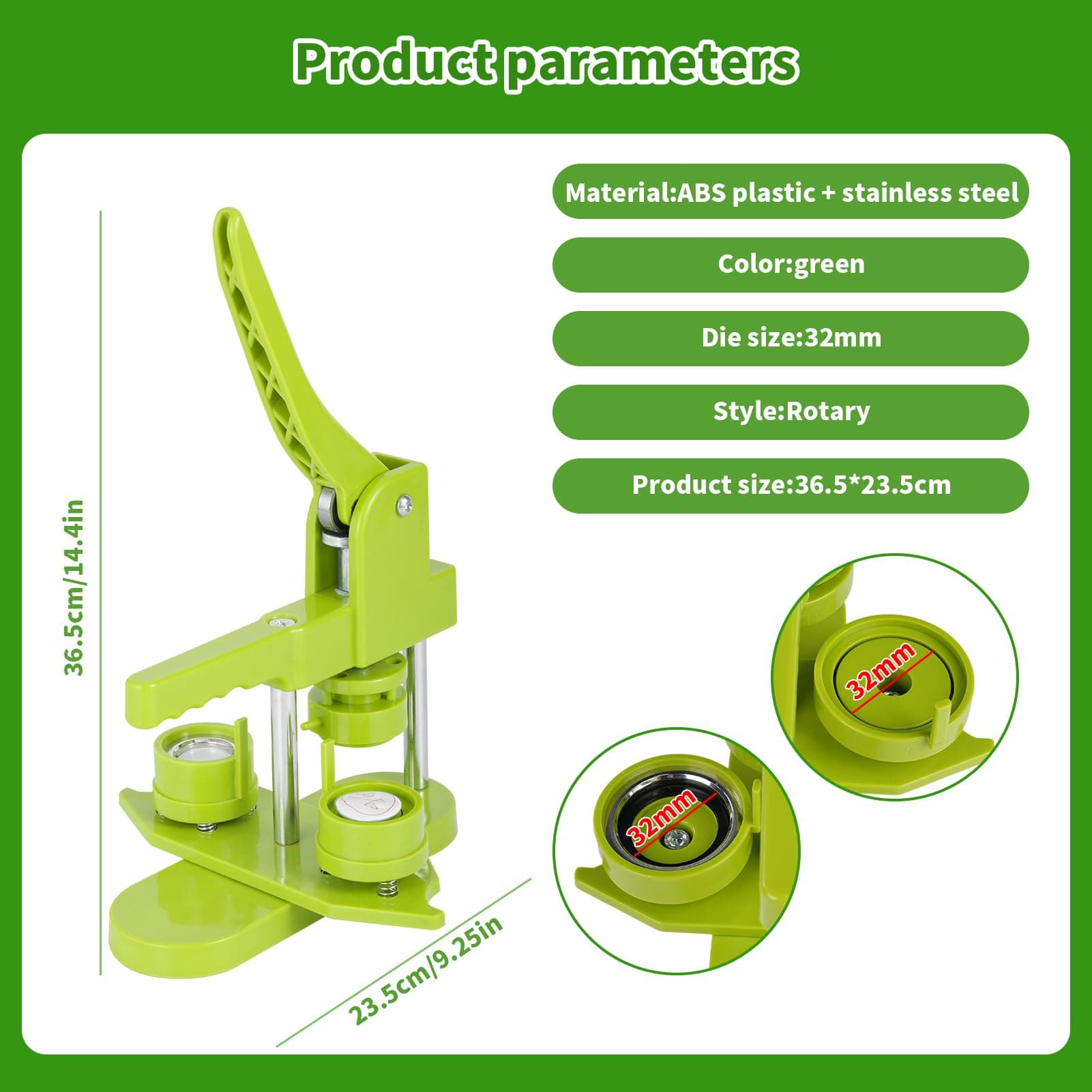 Button Badge Press Machine, Button Machine, with 100 Buttons/Picture and Circle Cutter for Characters for People, Kids DIY Gift Pin Maker (Green, 32mm) thumbnail 6