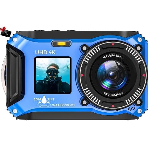 4K Underwater Camera 33FT Waterproof Camera for Snorkeling with 32GB Card Dual-Screen Compact Dustproof Floatable Autofocus UHD 64MP Point and Shoot Digital Camera 1500mAh Battery - Image 1