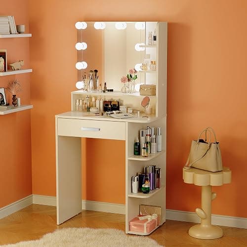 Neoriver Makeup Vanity Desk with Mirror and Lights, 26.4”Small Vanity Mirror with Lights with Large Drawer and 6 Level Storage, White Vanity with Large Led Mirror with 3 Color Lighting Modes (White) thumbnail 5