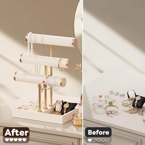Abiglifty 3 Tier Necklace Holder Display, Jewelry Organizer, Jewelry Stand, Bracelet Display, Necklace Organizer, Bracelet holder, Jewelry Display for Necklace, Watches, Rings, Beige thumbnail 7