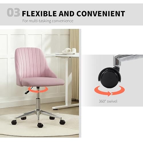 Vinsetto Vanity Chair for Makeup, Velvet Comfy Office Chair with Adjustable Height, Swivel Wheels, Pink thumbnail 6