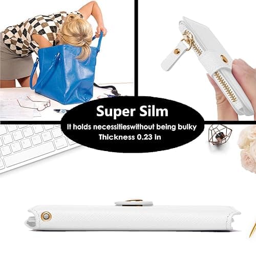 M-Plateau Wallet, Womens card Holder Leather Keychain Wallet With Zipper Coin Pocket ID Window Wrist Strap Gift Box (White) thumbnail 8