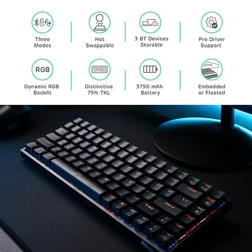 RK ROYAL KLUDGE RK84 Wireless RGB 75% Triple Mode BT5.0/2.4G/USB-C Hot Swappable Mechanical Keyboard, 84 Keys Wireless Gaming Keyboard w/High-Capacity Battery, Quiet Red Switch thumbnail 2