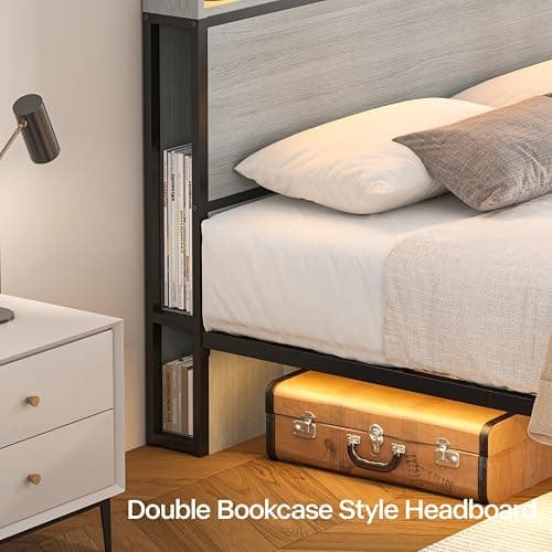Siihnon Queen Bed Frame with Headboard and LED Lights, 51.2" Bookcase Tall Bed Frame Queen Size with Storage Drawers and Charging Station, Platform Metal Bed Frames, No Box Spring Needed, Grey thumbnail 4