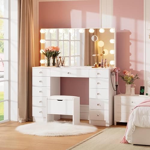 SMOOL Vanity with Mirror and Lights - 46" Vanity Desk with Outlet and 11 Drawers, 3 Color Lighting Modes Adjustable Brightness, Glass Top Makeup Table with Soft Cushioned Stool for Bedroom (White) thumbnail 7