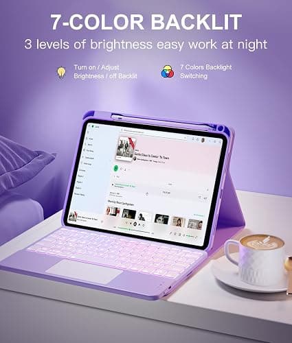 Harvopu Compatible for iPad 11th 10th Generation Case with Keyboard, Folio Cover with Pencil Holder, Multi-Touch Trackpad, 7 Color Backlit, Detachable Keyboard for iPad (A16) 11th/10th Gen (Purple) thumbnail 6
