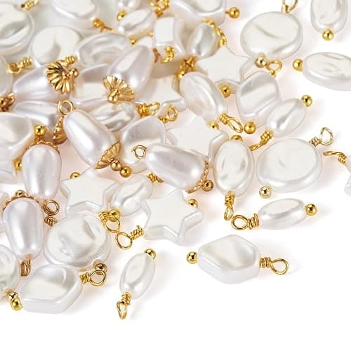 Cheriswelry 48pcs Pearl Pendants Star Flat Round Oval Rhombus Dangle Pearl Charms Real 18K Gold Plated Plastics Pendant 13.5~16mm for DIY Craft Earring Bracelet Necklace Jewelry Making thumbnail 7