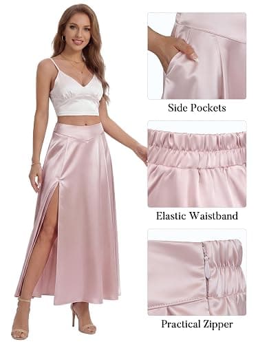 AlisOker Heavy Feel Satin Maxi Skirts for Women Elastic Waisted High Leg Slit Gorgeous Flowy A-Line Skirts with Pockets 2026 thumbnail 7