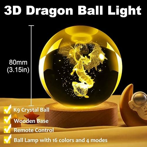 LINSINA Dragon Lamp, 80mm 16 Colors Crystal Ball Night Light with Wooden Base and Remote Control, Birthday Gift and Dragon Gifts for Women Men Kids thumbnail 3