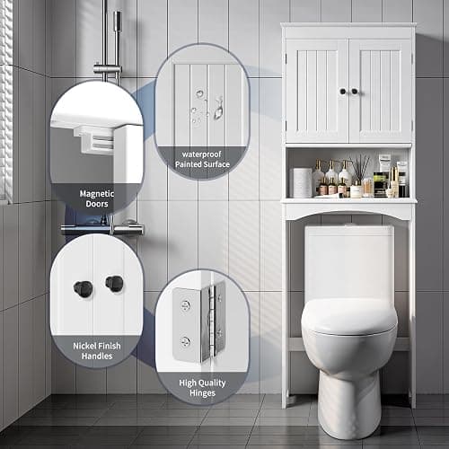 Bealife Over The Toilet Storage Cabinet with Open Shelf, Organizer with Adjustable Shelf and Double Doors,Over The Toilet Storage Shelf Free Standing- White thumbnail 6