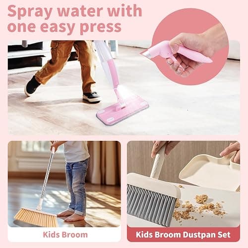Lullulii Kids Spray Mop,Toddler Mop Cleaning Set, Real Working Mini Mop & Kids Broom Dustpan Set, Housekeeping Pretend Play Toy, Montessori Kid Cleaning Toy Set Includes Organizer Clip -Pink thumbnail 4