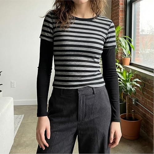 Barbotimer Womens Y2k Striped Shirt Fairy Grunge Baggy Long Sleeve Tops | Stylish Off Shoulder Slim Fit T-Shirts Vintage Aesthetic Alt Emo Gothic Clothes 2000s Harajuku Teens Girls Tee Top Streetwear thumbnail 4