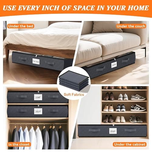 90L Under Bed Storage Containers, Storage Bags, Organizers, 4-Pack, Gray | Foldable, Soft Fabric, Closet Organizers, Reinforced Handle, Label Holder, Clear Window, for Comforters, Clothing, Blankets thumbnail 7