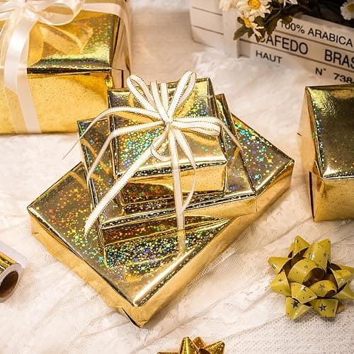 Yarcony Gold Wrapping Paper Roll, Holographic Space Wrapping Paper - 17 Inch x 33 Feet - Shiny Iridescent Galaxy Design Thick Gold Gift Wrap Paper for Birthday, Wedding, Christmas,Baby Shower thumbnail 5