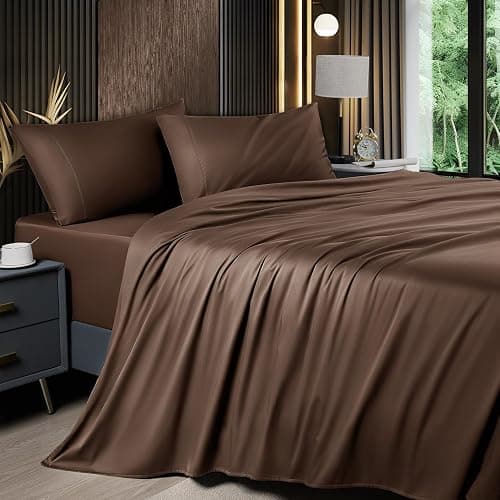 Shilucheng 4 Piece Queen Sheet Sets, Cooling Sheets, Blend Rayon Derived from Bamboo, Deep Pocket Up to 16", Breathable & Soft Bed Sheets, Hotel Silky Bedding Set, Brown - Image 1