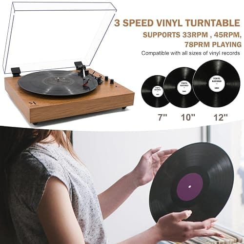 MPK Vintage Style 3 Speeds Wireless Input Record Player, Built-in Dual Premium Speakers,Belt Drive,RCA Output,Aux in,Fulll Size Platter Turntable, Yellow Wood thumbnail 4