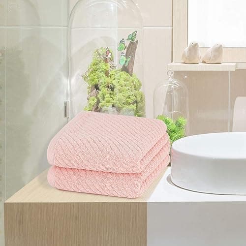 PiccoCasa Set of 2, Pink Ribbed Hand Towels for Bathroom 13 x 29 Inch 100% Cotton Soft Absorbent Soft Feeling Fast Drying Towels Hotel Spa Towel Face Towel - Pink thumbnail 9