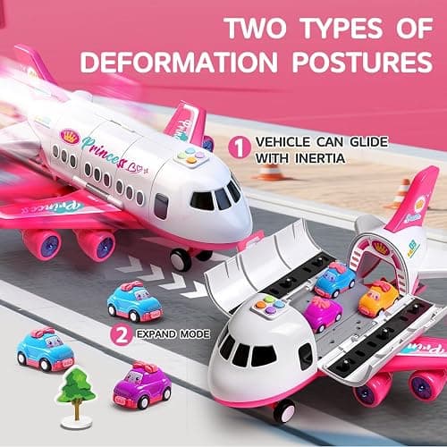 Pink Airplane Toy with Princess Cars and Play Mat,Plane with Lights and Sounds for 2 3 4 5 6 7 Year Old Toddler Girls,Birthday Gift Idea for Kids thumbnail 4