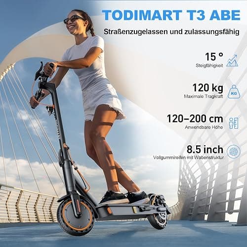 TODIMART E Scooter mit Straßenzulassung T-Serie, 30 km Reichweite, 350W Motor, 8,5 Zoll Wabenreifen, Duales Bremssystem E Roller für Erwachsene thumbnail 4
