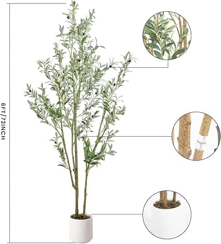 MCTYBB Olive Trees Artificial Indoor,Fake Olive Tree 6FT Tall 1Pack with White Planter, Faux Silk Olive Tree with Natural Wood Trunk and Realistic Leaves Artificial Tree for Home Office Decor thumbnail 3
