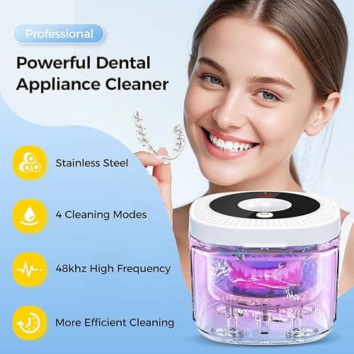 Ultrasonic Retainer Cleaner, Upgraded 48kHz Dental Cleaner Machine for Braces, Mouth Guard Cleaner, Toothbrush Heads, Jewelry, 4 Modes Retainer Cleaner with 200ML Capacity (White) thumbnail 2