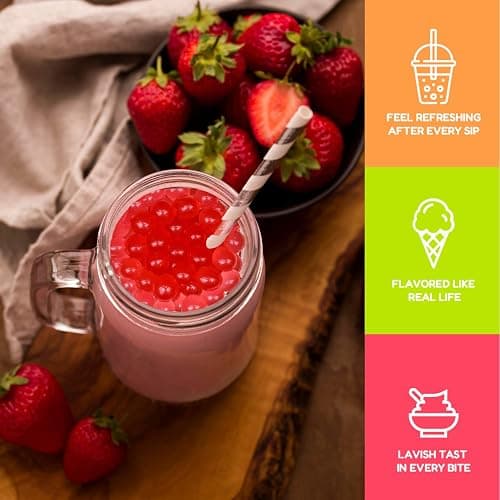 Fanale Strawberry Popping Boba Pearls, Vegan, Non GMO, Gluten Free, Fat Free, Perfect for Bubble Tea, Smoothies, Ice Cream, Desserts, and Beverages. thumbnail 6