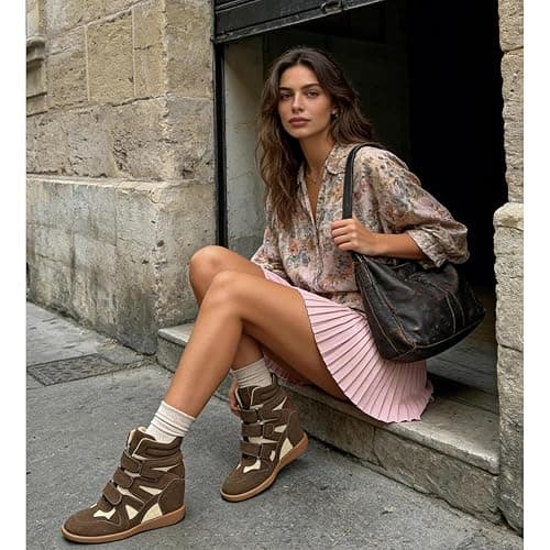 Dsevht Hidden Wedge Sneakers for Women High Top Fashion Sneaker Suede High Heel Platform Tennis Triple Strappy Band Casual Vintage Dressy Comfy Campus Trendy Retro Sneaker thumbnail 3