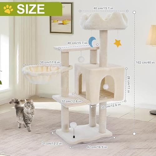Cat Tree Tower with Metal Frame Hammock, 40'' Cat Trees for Indoor Cats Large Adult, Cat Towers with Scratching Post, Cats Condo Furniture with Cloud Top Perch, Cats Climbing Tower for Kittens(White) thumbnail 7