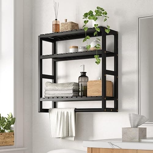 Bamworld Over The Toilet Storage Adjustable 3 Tiers Floating Shelves Bathroom Storage Shelves Organizer for Wall Mounted with Hanging Rod (Black) thumbnail 2