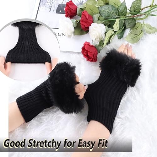 Lcaiualu Winter Women Fingerless Gloves Knitted Arm Warmers Hand Mittens ThumbHole Faux Fur Wrist Short Cuff for Women thumbnail 3