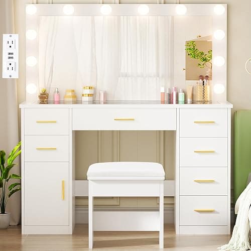 ANWBROAD Large Vanity Desk with Lighted Mirror White Makeup Vanity Set with Glass Top & Power Outlet & 7 Drawers Storage 3 Color Lighting Modes Dressing Table with Stool for Bedroom Women Girl UBDT83W thumbnail 6