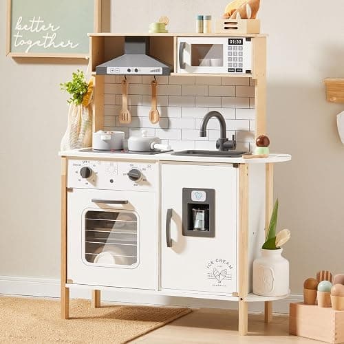 Tiny Land Play Kitchen for Kids, Wooden Kids Play Kitchen Playset Chef Pretend Play Set for Toddlers with Real Lights & Sounds, Toys Kitchen with 18 Pcs Toy Food & Cookware Accessories - White thumbnail 2