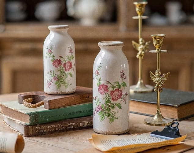 Ceramic Bud Vase 6 Inch, Small Vintage Flower Vase for Rustic Farmhouse Centerpieces, Wedding, Home,Table, Entryway, Shelf and Window Sill Decor - Rose Floral thumbnail 4