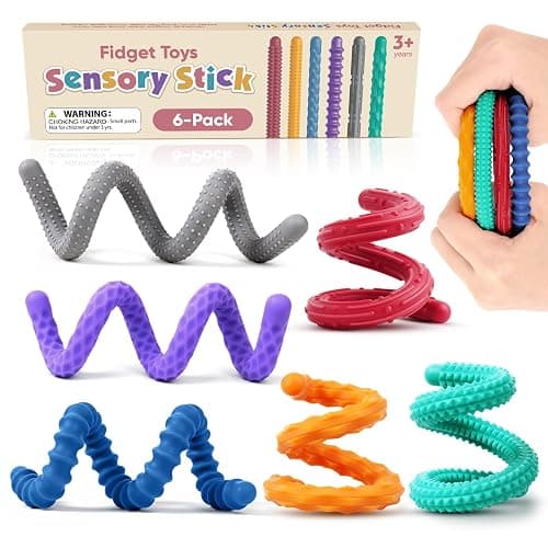 Sensory Fidget Toys for Kids: Textured Silicone Fidget Stick 6 Pack, Sensory Toys for Autism ADHD, Calm Down Travel Airplane Toys, Easter Basket Stuffers - Image 1