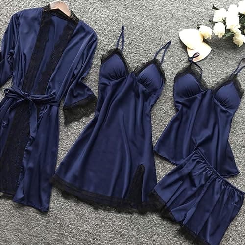 YMAMIYO Lace Pajama Set With Robe Plus Size 4pcs Satin Nightgowns With Slit Silk Camisole Tops & Shorts Belted Matching Pjs thumbnail 4