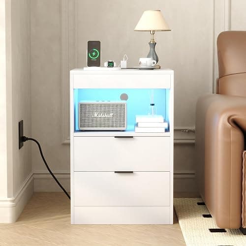 Yusong LED Nightstand Bedside Table with Charging Station 2 Drawers, White Modern Sofa Couch End Side Table with LED Lights and Pull-Out Shelf for Bedroom Living Room, Wooden thumbnail 3