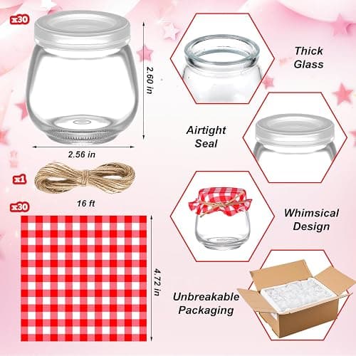 LemonRoad 30 Mini Yogurt Jars 3.4 oz Glass Bottles with Plastic Lids for Jam, Honey, Wedding Favors, Birthday Party Decor Mason Jar with Checkered Cloth and Rope (Circle,Red,White) thumbnail 3