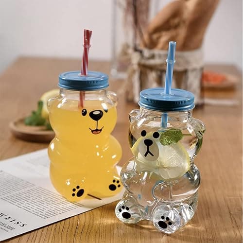 Kawaii Bear Sippy Cup 19oz, Clear Bear Glass Cup with Lid and Straw, Leak-Proof Clear Cup for Juice Milk Tea Smoothies Infused Water Beverage Food Grade thumbnail 2