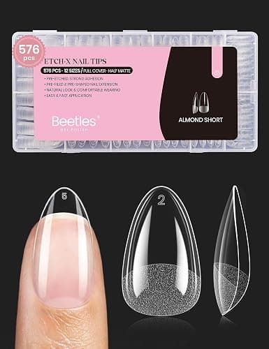 Beetles Gel Nail Tips 576Pcs Pre-shape Short Almond Etch-X Nail Tips,12 Sizes Soft Acrylic False Nail Tips Half Matte Full Cover Easy DIY Press On Nail Extensions Art Salon Gift Set for Women - Image 1
