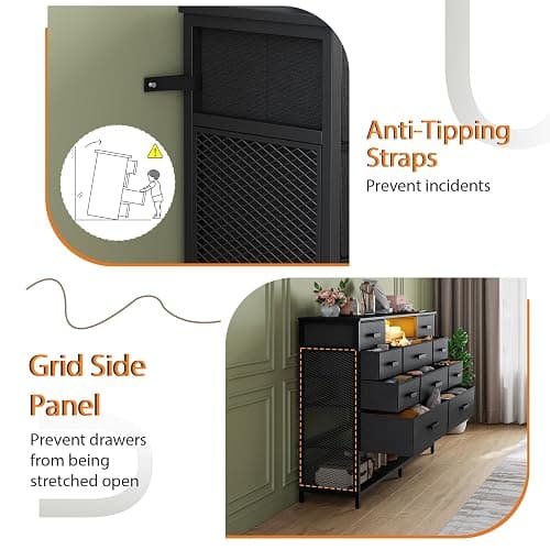 Harpaq Black Dresser for Bedroom with 10 Drawers, Chest of Drawers with Charging Station, TV Stand Storage with LED Light for 55" TV, Fabric Drawers with PU Finish, Dresser with Shelves for Closet thumbnail 7