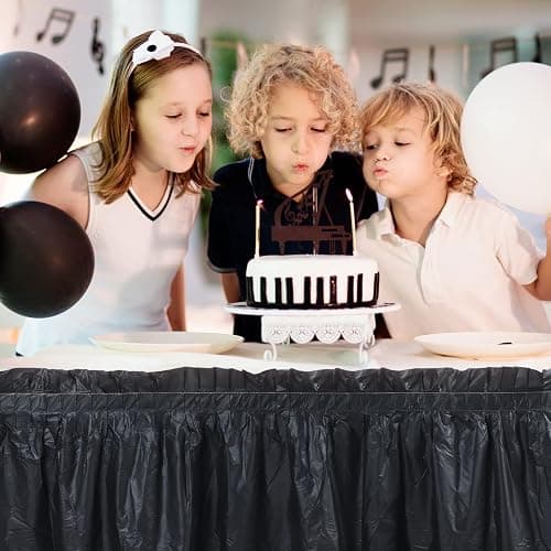 Tegeme 16 Pieces Black Plastic Table Skirts for Rectangle Tables, 14 ft x 29 in Disposable Ruffle Table Skirting with Adhesive Strip, Bulk Party Supplies for Wedding, Birthday, Baby Shower & Banquet thumbnail 2
