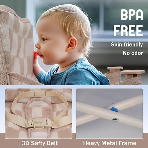 Tiny Marvels Portable 3-in-1 Baby Chair, Cozy Booster Seat, Baby Seat with Tray, Compact Foldable, Toddler Chair with Child Safety Belt Carry Bag, Perfect for Travel (Sand Checker) thumbnail 4