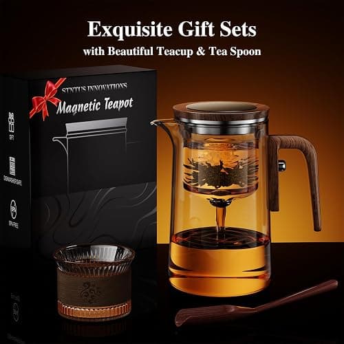 Enchanti Tea Pot, One Touch Glass Teapot with Infuser, Tea Maker for Loose Leaf Tea, Tea Gifts Set -27oz/800ml thumbnail 7